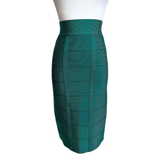 NWT HERVÉ LEGER EMERALD GREEN BANDAGE HIGH RISE PENCIL SKIRT - XS - Picture 3 of 15